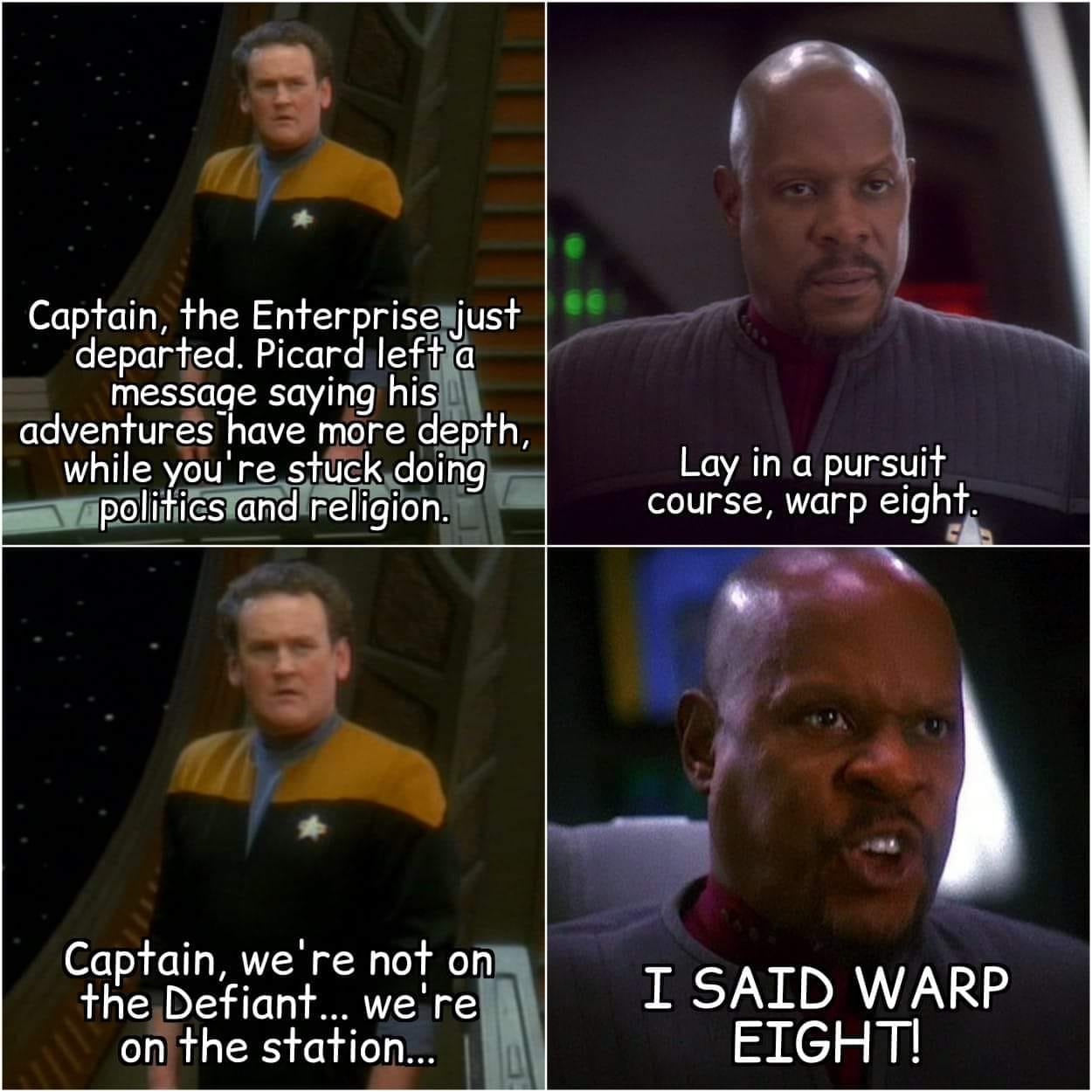 The meme is a quote from the Star Trek: The Next Generation episode "The Enemy" featuring a conversation between Captain Jean-Luc Picard and his first officer Commander William Riker. The quote is "In a way, Commander, we're not where we used to be. We're not where we used to be. We're not where we used to be. Captain, we're not where we used to be. Captain, we're not where we used to be. Captain, we're not where we used to be. Captain, we're not where we used to be."